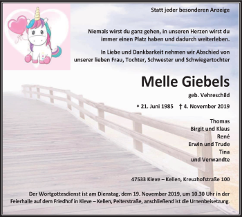 Traueranzeige von Melle Giebels von Klever Wochenblatt