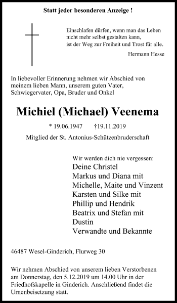 Traueranzeige von Michiel Veenema von Der Weseler + Der Xantener