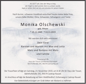 Traueranzeige von Monika Olschewski von Stadtanz.Castrop-Rauxel