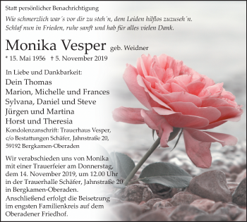 Traueranzeige von Monika Vesper von Lüner Anzeiger