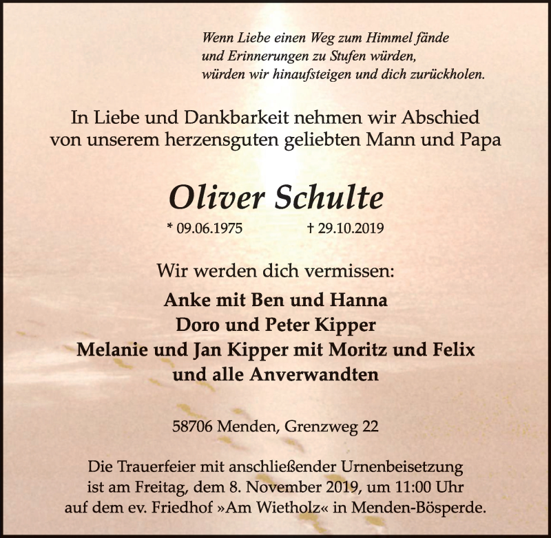  Traueranzeige für Oliver Schulte vom 06.11.2019 aus Stadtspiegel Menden + Froendenberg