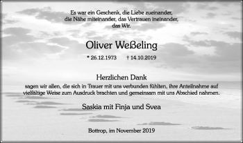 Traueranzeige von Oliver Weßeling von Stadtspiegel Bottrop