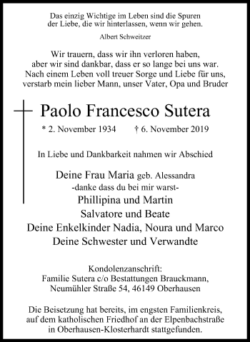 Traueranzeige von Paolo Francesco Sutera von Wochen-Anzeiger Oberhausen