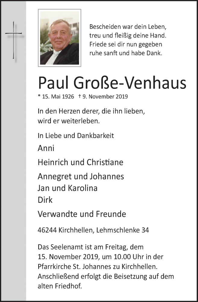  Traueranzeige für Paul Große-Venhaus vom 13.11.2019 aus Stadtspiegel Bottrop