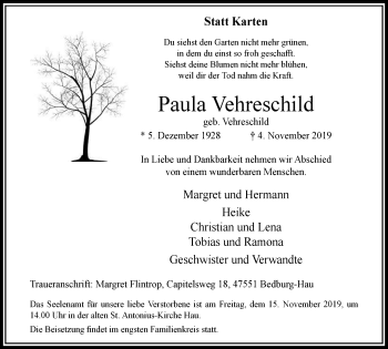 Traueranzeige von Paula Vehreschild von Klever Wochenblatt
