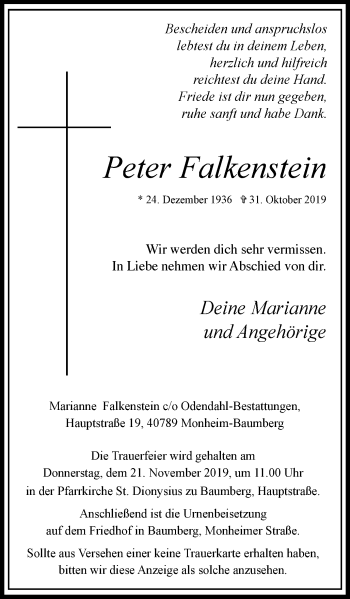 Traueranzeige von Peter Falkenstein von Wochen-Anzeiger Langenfeld/Monheim/Hilden