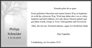 Traueranzeige von Philipp Schneider von Stadtspiegel Menden + Froendenberg