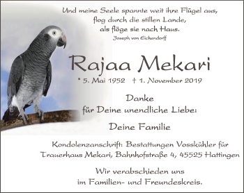 Traueranzeige von Rajaa Mekari von Stadtspiegel Hattingen/Niedersprockhövel
