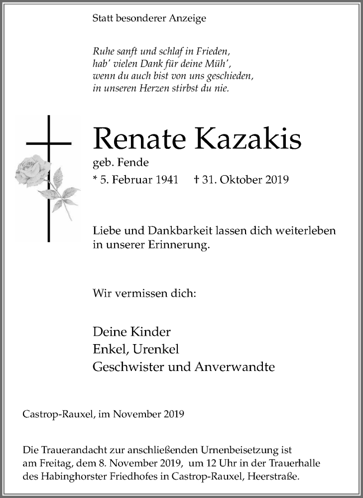  Traueranzeige für Renate Kazakis vom 06.11.2019 aus Stadtanz.Castrop-Rauxel