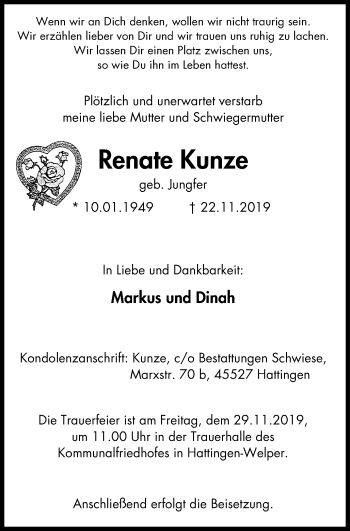 Traueranzeige von Renate Kunze von Stadtspiegel Hattingen/Niedersprockhövel