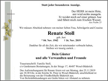 Traueranzeige von Renate Stoll von Der Weseler + Der Xantener