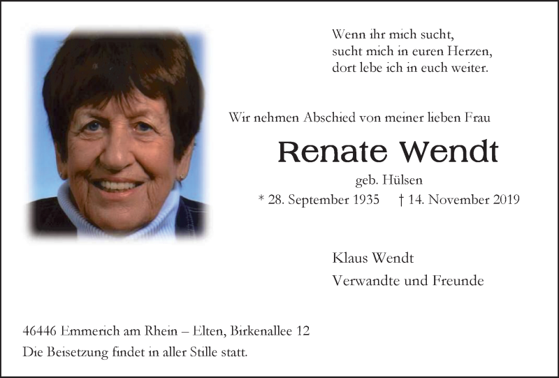  Traueranzeige für Renate Wendt vom 23.11.2019 aus Stadtanzeiger Emmerich/Rees/Isselburg