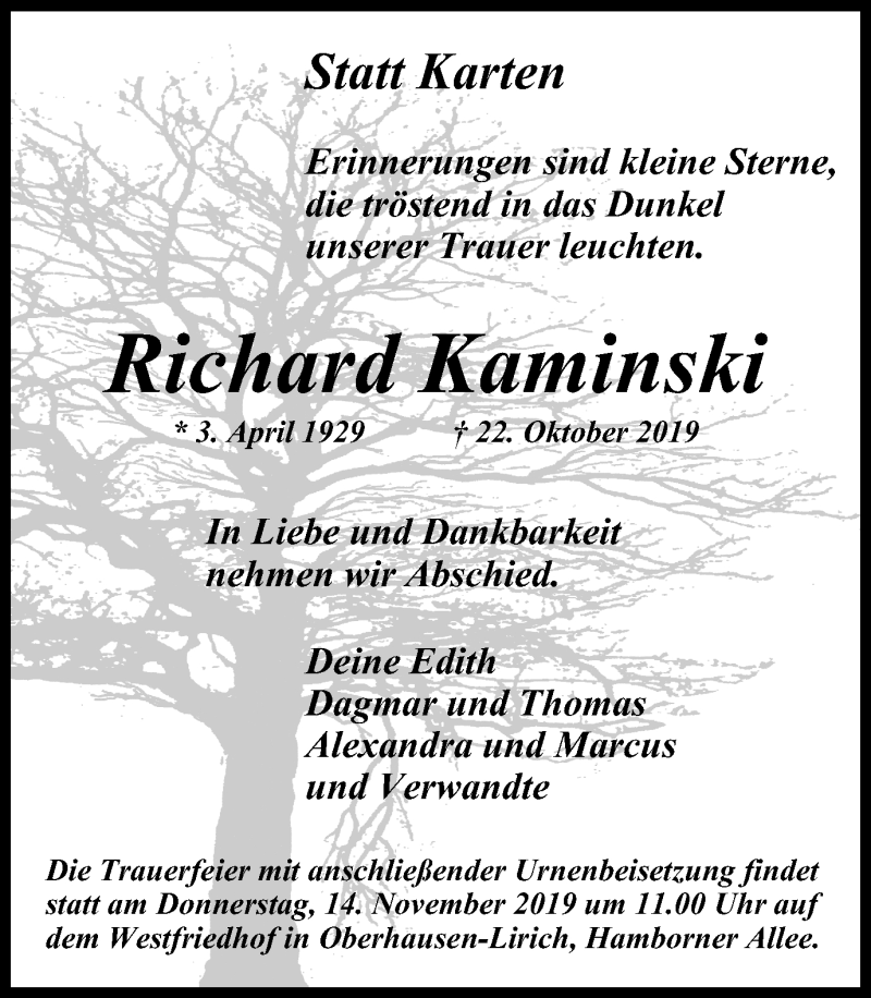  Traueranzeige für Richard Kaminski vom 09.11.2019 aus Wochen-Anzeiger Oberhausen