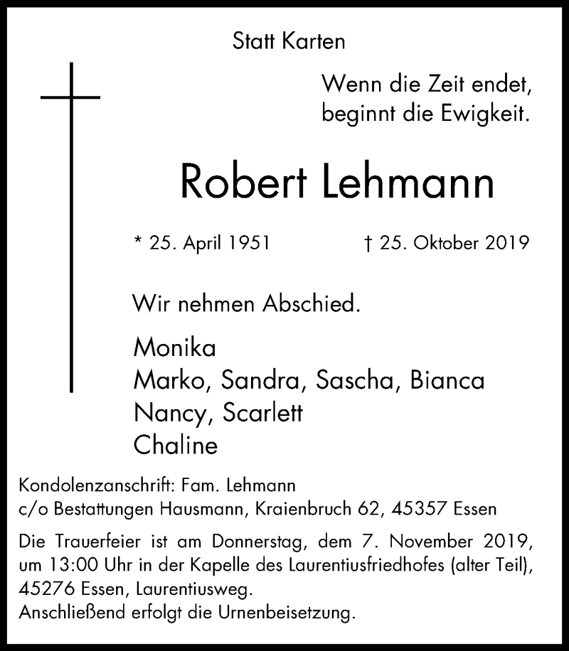  Traueranzeige für Robert Lehmann vom 06.11.2019 aus Steeler Kurier