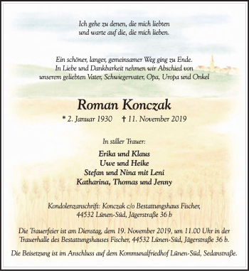 Traueranzeige von Roman Konczak von Lüner Anzeiger