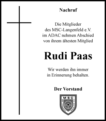 Traueranzeige von Rudi Paas von Wochen-Anzeiger Langenfeld/Monheim/Hilden
