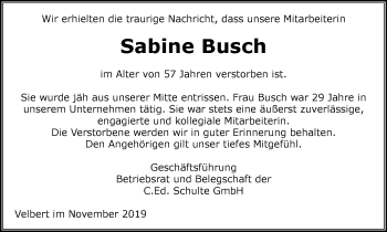 Traueranzeige von Sabine Busch von Stadtanzeiger Velbert + Heiligenhaus