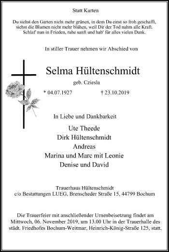 Traueranzeige von Selma Hültenschmidt von Stadtspiegel Bochum