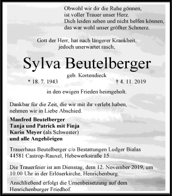 Traueranzeige von Sylva Beutelberger von Stadtanz.Castrop-Rauxel