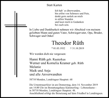 Traueranzeige von Theodor Rüth von Stadtspiegel Menden + Froendenberg