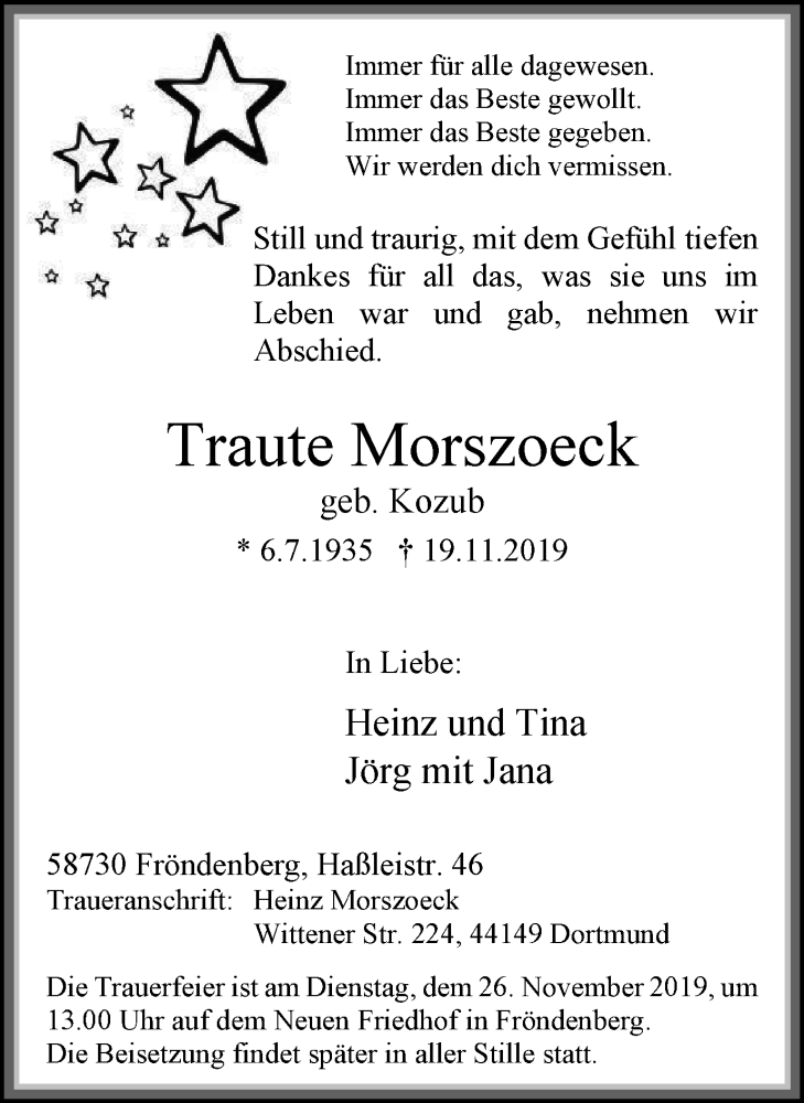  Traueranzeige für Traute Morszoeck vom 23.11.2019 aus Stadtspiegel Menden + Froendenberg
