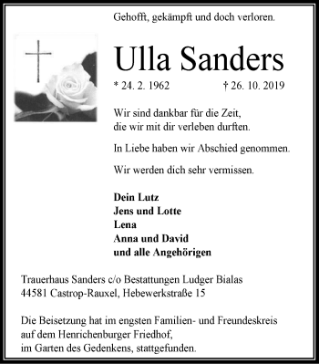 Traueranzeige von Ulla Sanders von Stadtanz.Castrop-Rauxel
