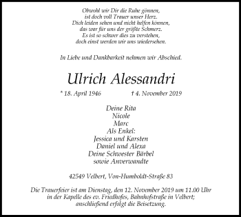 Traueranzeige von Ulrich Alessandri von Stadtanzeiger Velbert + Heiligenhaus