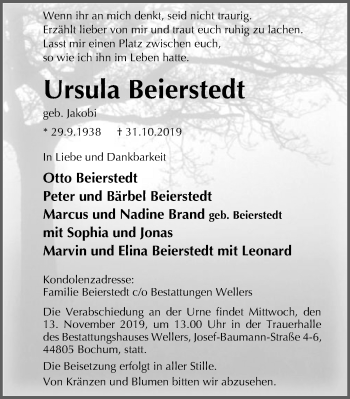Traueranzeige von Ursula Beierstedt von Stadtspiegel Bochum + Wattenscheid