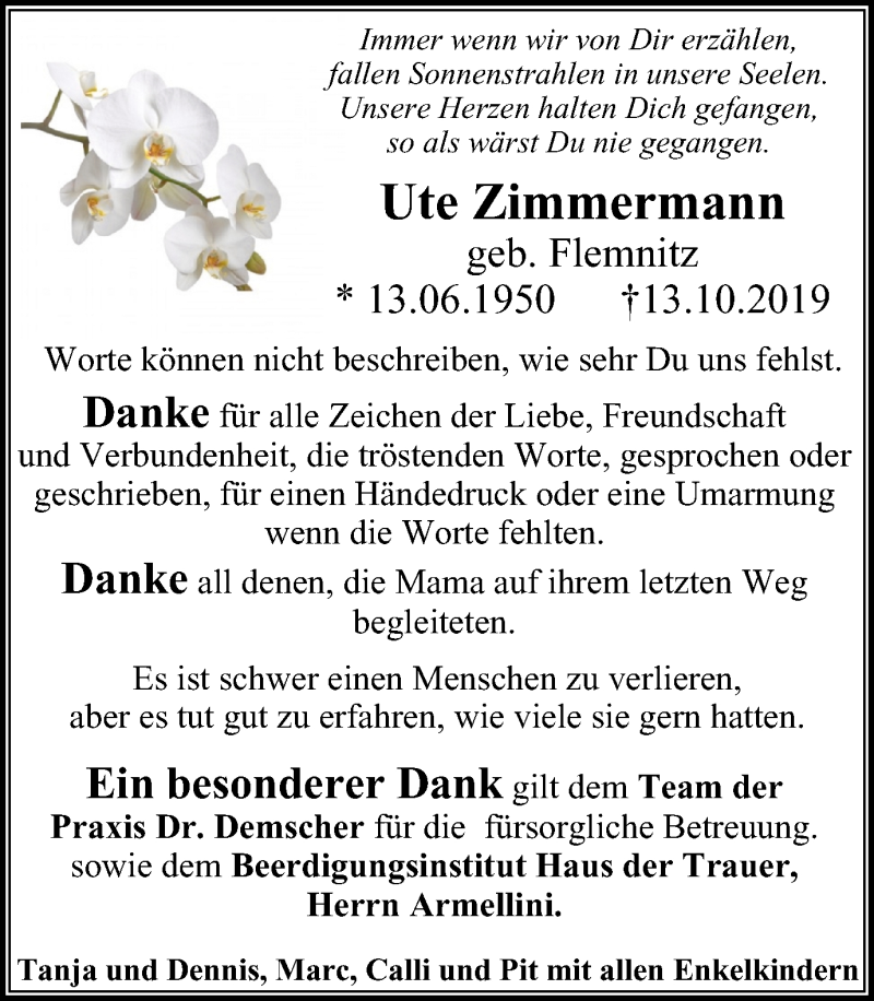  Traueranzeige für Ute Zimmermann vom 02.11.2019 aus Stadtanz.Castrop-Rauxel