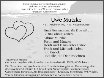 Traueranzeige von Uwe Mutzke von Lüner Anzeiger