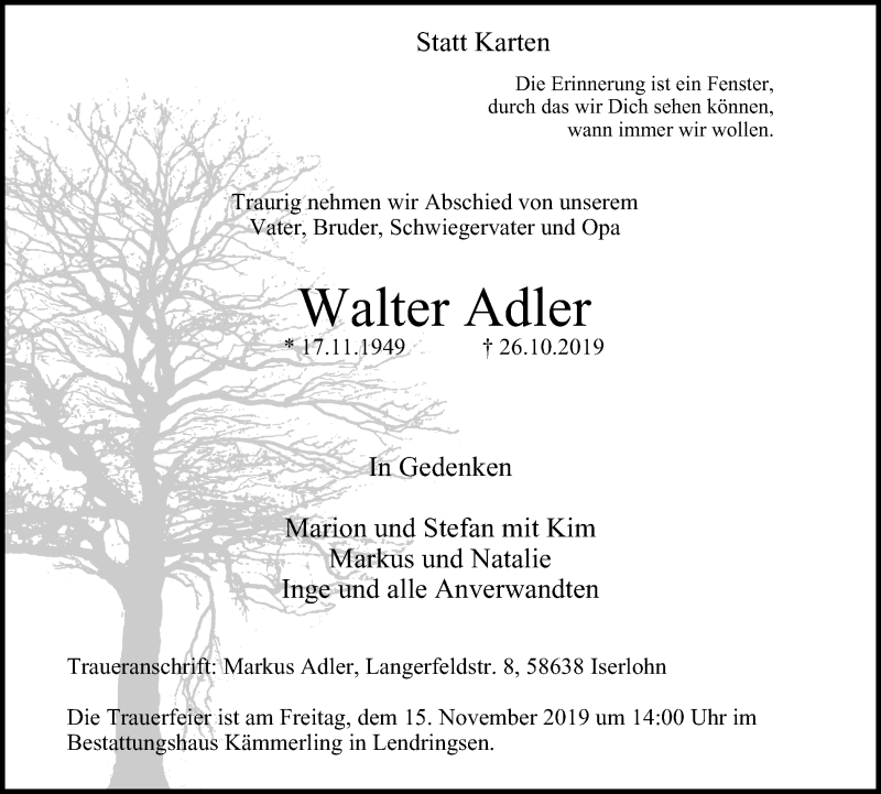 Traueranzeigen von Walter Adler | Trauer-in-NRW.de