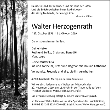 Traueranzeige von Walter Herzogenrath von Stadtspiegel Bottrop