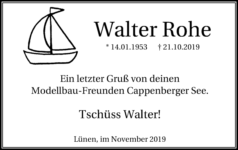  Traueranzeige für Walter Rohe vom 23.11.2019 aus Lüner Anzeiger