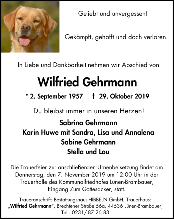 Traueranzeige von Wilfried Gehrmann von Lüner Anzeiger