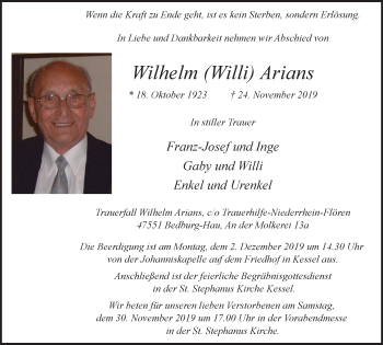 Traueranzeige von Wilhelm Arians von Gocher Wochenblatt