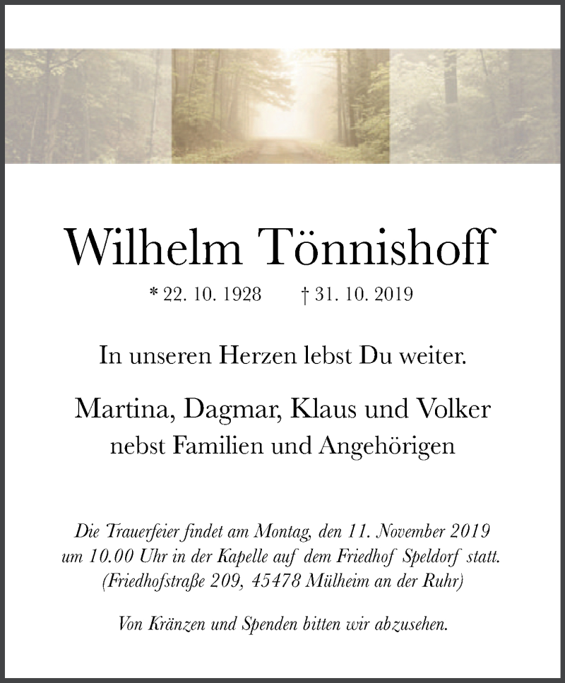  Traueranzeige für Wilhelm Tönnishoff vom 09.11.2019 aus Mülheimer Woche