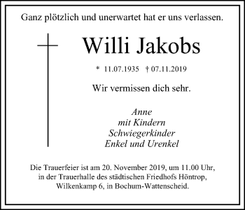 Traueranzeige von Willi Jakobs von Stadtspiegel Wattenscheid