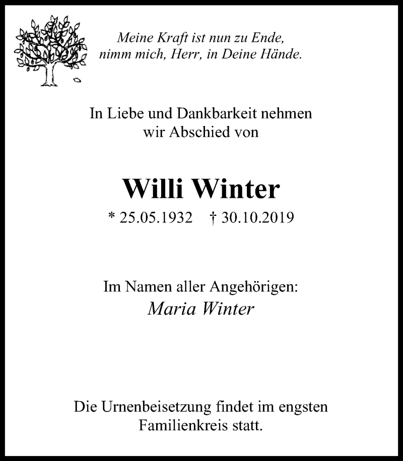  Traueranzeige für Willi Winter vom 16.11.2019 aus Stadtspiegel Gelsenkirchen
