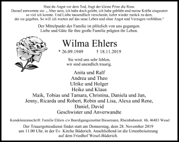 Traueranzeige von Wilma Ehlers von Der Weseler + Der Xantener