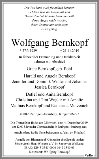 Traueranzeige von Wolfgang Bernkopf von WVW Anzeigenblätter