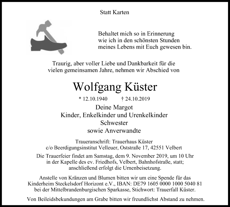 Traueranzeige für Wolfgang Küster vom 02.11.2019 aus Stadtanzeiger Velbert + Heiligenhaus