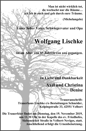 Traueranzeige von Wolfgang Lischke von Stadtanzeiger Velbert + Heiligenhaus