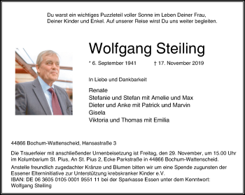 Traueranzeige von Wolfgang Steiling von Stadtspiegel Wattenscheid