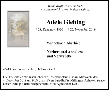 Traueranzeige von Adele Giebing von Stadtanzeiger Emmerich/Rees/Isselburg