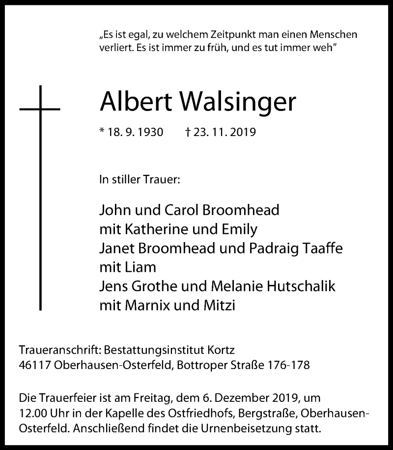  Traueranzeige für Albert Walsinger vom 30.11.2019 aus Wochen-Anzeiger Oberhausen