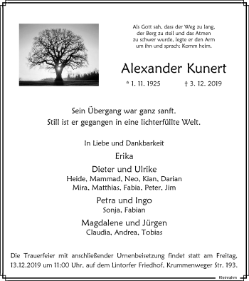 Traueranzeige von Alexander Kunert von WVW Anzeigenblätter