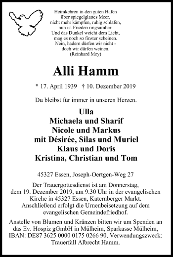 Traueranzeige von Alli Hamm von Nord Anzeiger Essen
