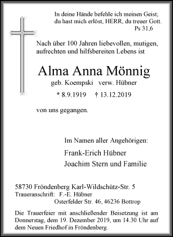 Traueranzeige von Alma Anna Mönnig von Stadtspiegel Menden + Froendenberg