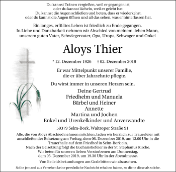 Traueranzeige von Aloys Thier von Lüner Anzeiger