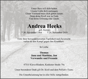 Traueranzeige von Andrea Heeks von Klever Wochenblatt